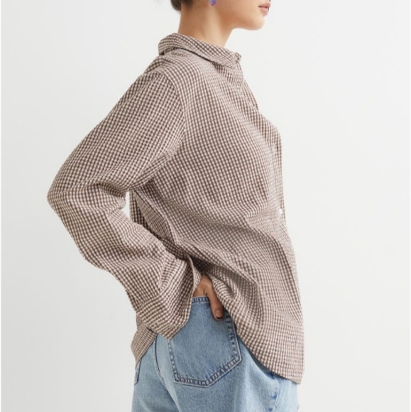 ⛔SOLD⛔🆕️NWT H&M Seersucker Shirt in 'Brown/White Checked', XL - Picture 4 of 12